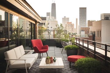 A chic rooftop terrace boasts modern furniture, lush greenery, and stunning city skyline views. Red and white accents complement the contemporary design.