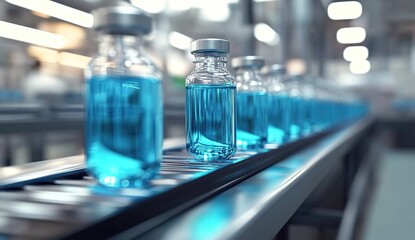 Vials of blue liquid on a conveyor belt in a modern medical factory, an AI technology concept.