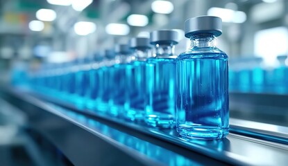 Vials of blue liquid on a conveyor belt in a modern medical factory, an AI technology concept.