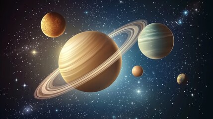 Naklejka premium Saturn, planets, solar system, space, cosmos, stars, background, educational