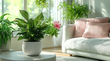 Serene Living Room with Lush Green Plants and a Comfortable Sofa
