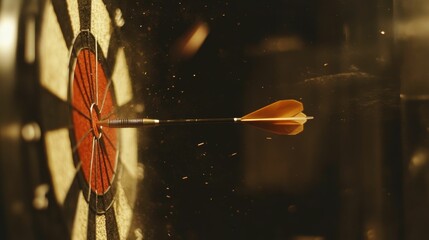 Dart hitting bullseye, blurry background, dust particles.