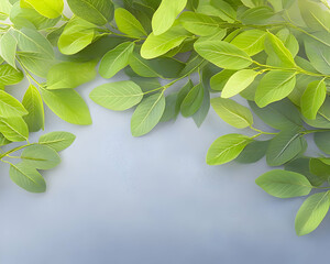 Lush green leaves frame a light blue background; ideal for nature, spring, or health-related designs