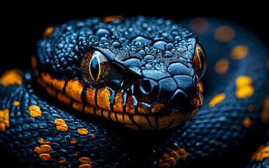 Fototapeta premium A black and orange snake with a yellow stripe on its head. The snake is wet and has a shiny appearance