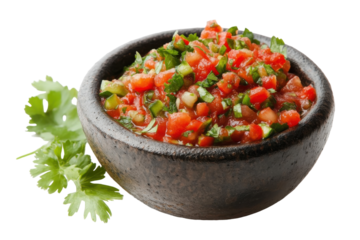 Fresh salsa served in a traditional stone bowl with cilantro and chopped vegetables on white background