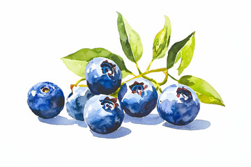 Fresh Blueberries with Green Leaves in Watercolor Painting Style