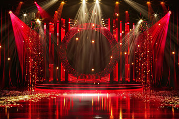 Red Theater Stage with Dramatic Lighting and Velvet Curtains, Elegant Performance Venue Setup with Spotlight and Theatrical Atmosphere