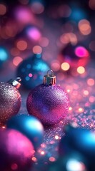 Obraz premium Beautiful Christmas background with glitter and ornaments, in shades of pink, blue, and purple, with a blurred background