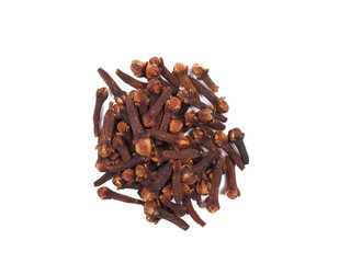 Pile of aromatic dry cloves on white background