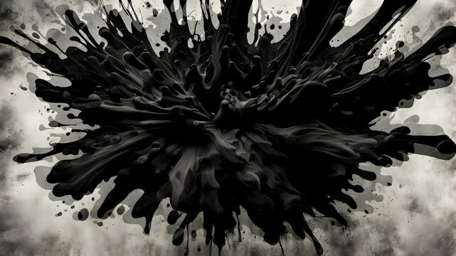 Abstract black ink splash on a textured background, conveying dynamic movement and energy.