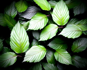 Fototapeta premium Lush green leaves, tropical foliage background, vibrant texture, nature wallpaper, design element