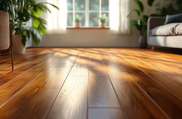 Fototapeta premium A beautiful wooden floor in the living room, a close-up of the light brown wood grain, with furniture and a coffee table placed on it.