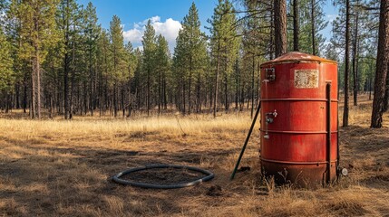 A water tank and fire hose station strategically placed at the edge of a forest for wildfire control.