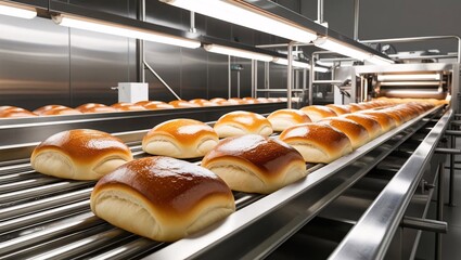 An industrial production line producing fresh and delicious bread rolls for mass distribution and consumption.

