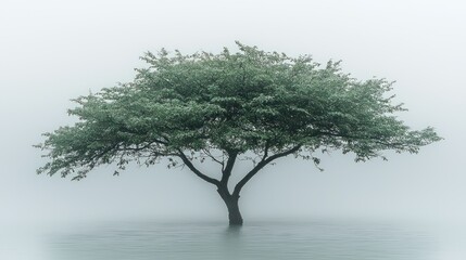 Obraz premium Solitary Tree in Misty Waters: A Serene Landscape