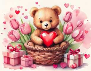 Generated image Watercolor illustration of a cute teddy bear holding a red heart in a basket