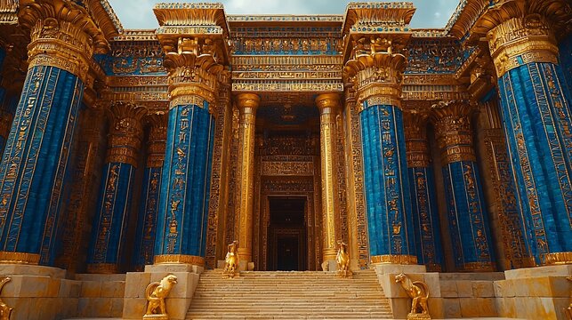 Babylonian temple dedicated to Marduk its towering faade covered in blue glazed bricks and golden reliefs of dragons and bulls