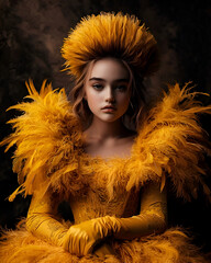 Elegant Yellow Angel in High-Fashion Feather Dress with Dramatic Wings"