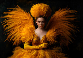 Elegant Yellow Angel in High-Fashion Feather Dress with Dramatic Wings"