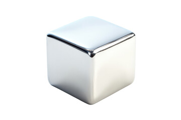 Polished metal cube resting on a white surface, showcasing its reflective surface and geometric design