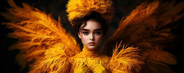 Elegant Yellow Angel in High-Fashion Feather Dress with Dramatic Wings"Ai generative 