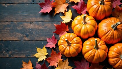 Pile of pumpkins on autumn leaves, rustic wood background, image, harvest
