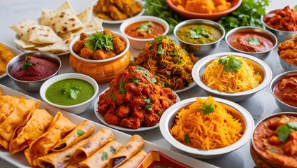 A close-up of Indian food and snacks, showcasing vibrant colors and rich textures.

