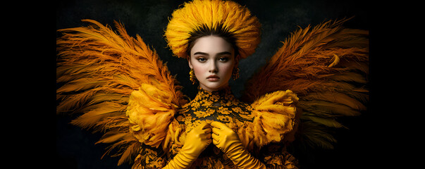 Elegant Yellow Angel in High-Fashion Feather Dress with Dramatic Wings"
