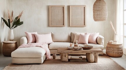 Obraz premium Coastal living room, sectional sofa, beige, pink pillows, natural decor