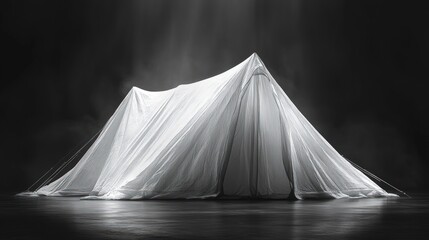 White tent, dark background, dramatic lighting.