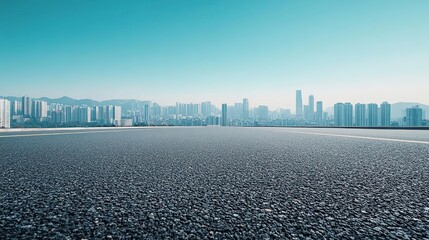 a empty road with a city in the background