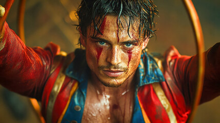 Obraz premium Close-up of a circus performer with intense gaze, red face paint, and a vibrant costume holding hoops. Captivating expression and dramatic lighting enhance the scene