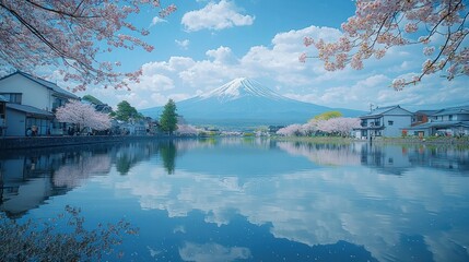 Fototapeta premium Mount Fuji's Serene Reflection in Spring