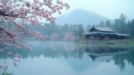 Fototapeta premium Serene Japanese Landscape: Misty Mount Fuji, Cherry Blossoms, and Tranquil Lake
