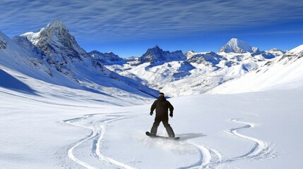 Snowboarder Carving Through Pristine Alpine Slopes in Fresh Powder Snow
