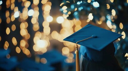 Graduation cap against a background of golden bokeh lights, highlighting the celebration of academic achievements in a stylish and modern visual.