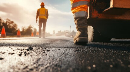 A close-up of a road construction worker applying asphalt, with paving equipment and safety cones visible, looking at the camera