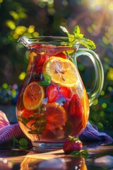 Refreshing Fruit-Infused Iced Tea in a Pitcher with Strawberries and Lemons