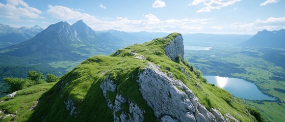 Alpine peak, grassy summit, lake view, sunny day, travel