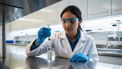 A biochemist pipetting a sample into a test tube during an experiment in the laboratory.

