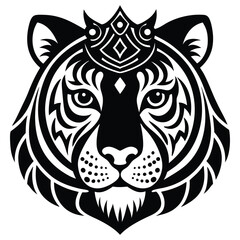 Tiger head logo with crown in black and white silhouette vector isolated on white background