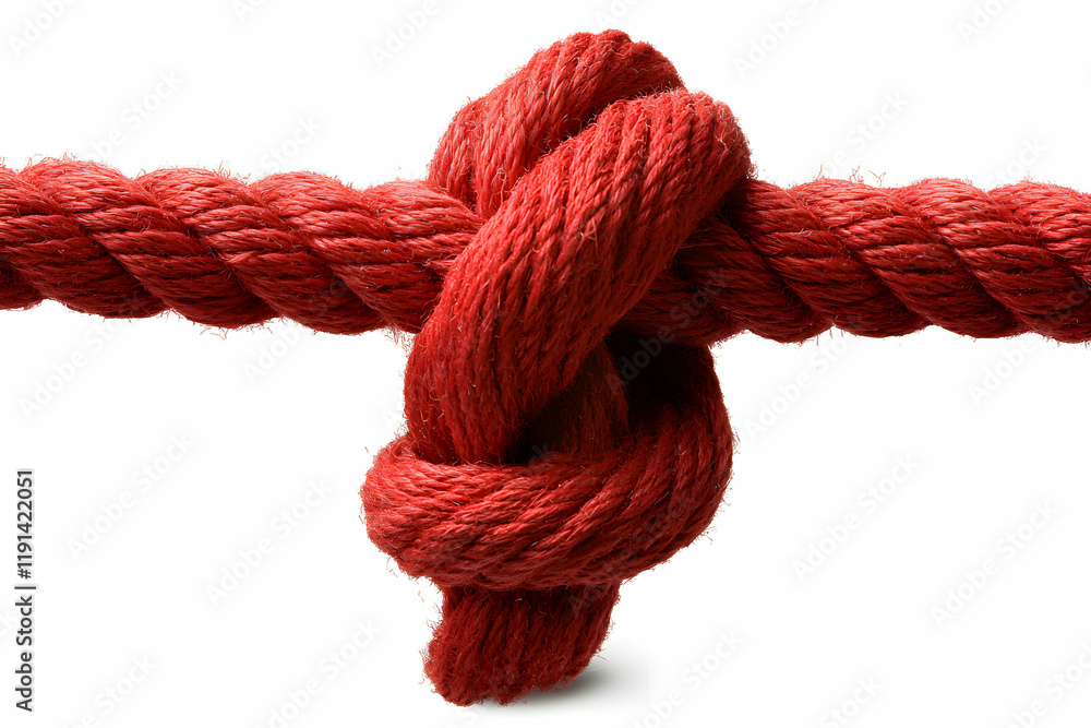Poster close-up of a intricate red rope knot on white background for conceptual use