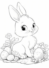 Easter celebration coloring page with adorable bunny surrounded by decorated eggs, copy space