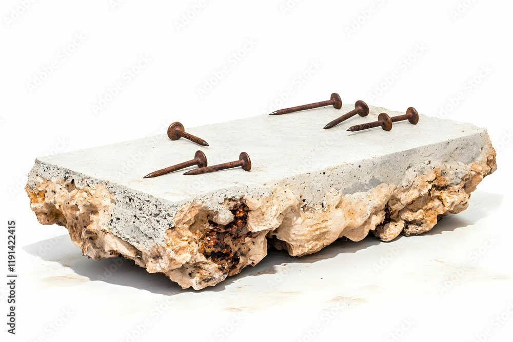 Poster concrete block with rusty nails on white background for construction projects