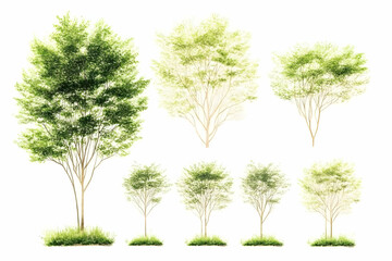 Obraz premium Lush green trees of varying sizes on white background; ideal for landscaping or architectural design projects
