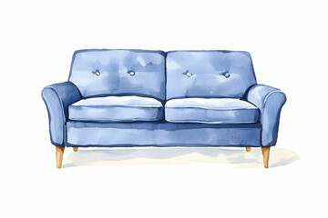 Fototapeta premium Cozy Blue Sofa with Button Details and Elegant Wooden Legs in Watercolor Style