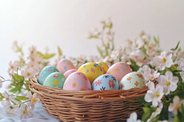 Fototapeta premium Colorful Easter eggs nestled in woven basket surrounded by delic