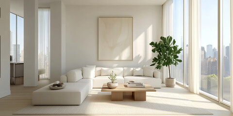 A serene and clutter-free bedroom with a white upholstered bed, linen bedding in neutral tones, and a soft cream area rug