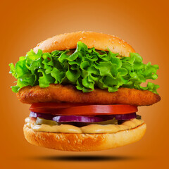 appetizing burger on a ORANGE BACKROUND