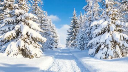 Snowy forest path with fir trees and blue sky